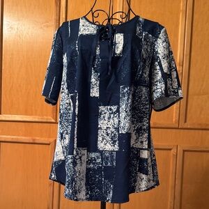 Navy and White Abstract Print Women's Top